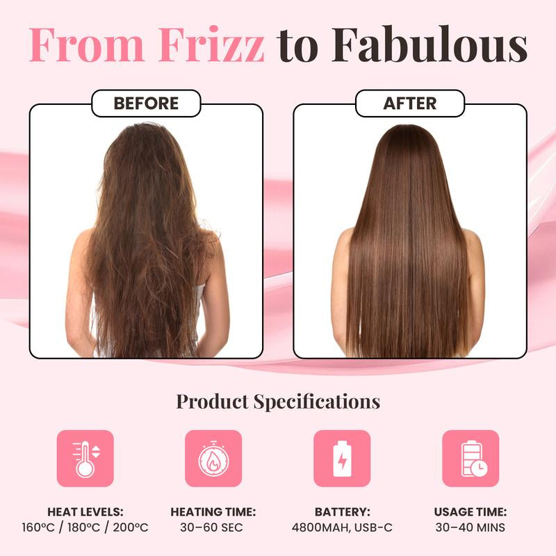 Mini Cordless Hair Straightener, Portable 2-In-1 Heated Comb & Iron, USB-C Rechargeable, Travel-Friendly Styling Tool, Multifunctional Hair Styler for Travel & Home Anti-Frizz Brush Pink